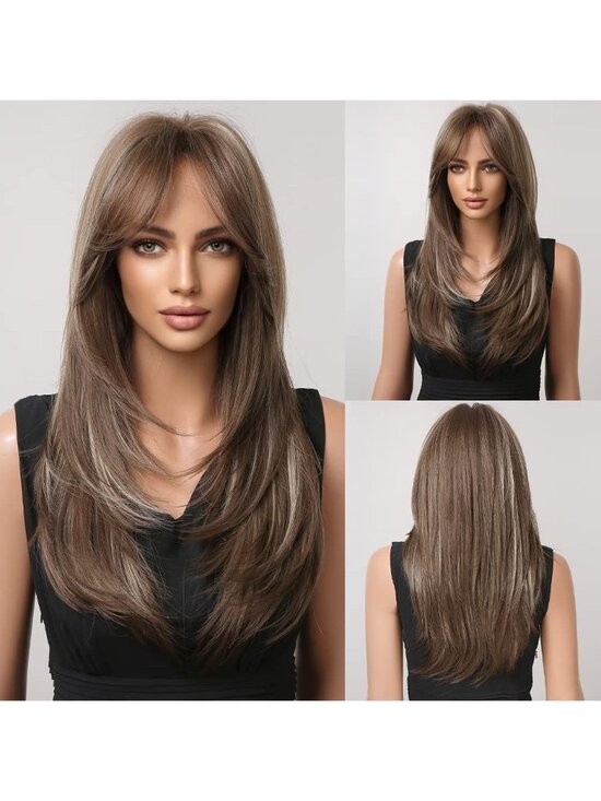 Women Dark Brown Heat Resistant Long Curly Shoulder Length Synthetic Wigs main image 5
